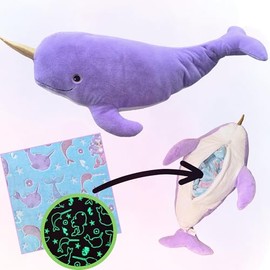 Blanket Buddies Narwhal Stuffed Animal with Blanket Inside: 3-in-1 Pillow, Blanket, and Friend - Lovable 30" Narwhal Plush with 60" x 50" Glow-in-The-Dark Cozy Mermaid Blanket Inside! (Narwhal)