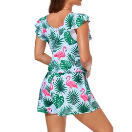 Smismivo Swim Romper with Built in Bra and Pockets Swim Dress for Women Swimwear Modest One Piece Swimsuit with Shorts Ruffle Sleeve Full Coverage Bathing Suit Swimming Suits 2025 (LeafFlamingo)
