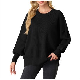 Women's Fall Fashion 2024 Casual Long Sleeve Crew Neck Side Slit Oversized Ribbed Knit Pullover Sweater Tops Black