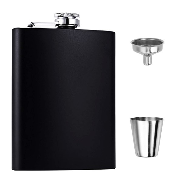 Hip Flask Set, Stainless Steel Flasks with Small Cups and Funnels, 8 oz, Matt Black