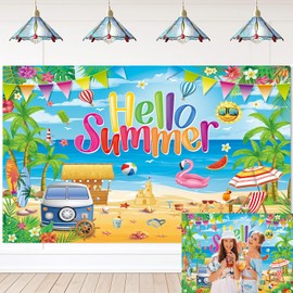 Hello Summer Backdrop Tropical Hawaiian Beach Surfboard Ocean Palm Tree Photography Background Luau Summer Pool Party Decorations Background (7x5ft(84''x60''))