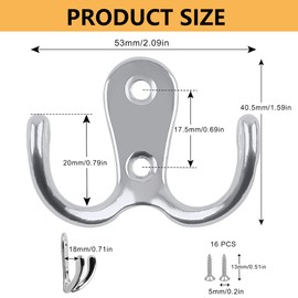 ruitao 6 Pcs Double Prong Robe Hooks, Dual Coat Door Hooks with Screws Retro Silver Coat Hooks for Door & Wall, Heavy Duty Metal Door Hooks Screw in for Hanging Robe, Towel, Coat, Bag & Hat(Silver)