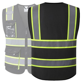 JKSafety Hi Vis Reflective Safety Vests for Men Women High Visibility Vest with Pockets Mesh Fabric Construction Safety Apparel Neon Vest for Work (220-Black XXL)