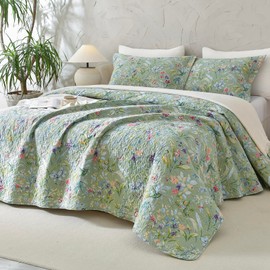 Lady Ann 100% Cotton Floral Oversized Queen Quilt Set - Green Flower Bird Butterfly Pattern Print Quilted 102x118 Bedspread & Coverlet Set, 3 PCS Lightweight Extra Soft Queen Bedding Sets All Season