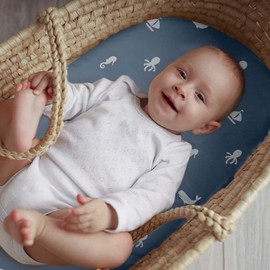 Baby Bassinet Sheets Girl Boy, Stretch Fitted Bassinet Sheet Set 3 Pack Bassinet Mattress Sheets Universal Fit for Rectangle, Round, Oval, Hourglass Mattress, Soft Breathable Blue Ocean Sailor