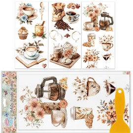 GLOBLELAND 3 Sheets Colourful Coffee Boho Rub Stickers Coffee Beans Cups Furniture Decor Transfers Book Flower Stickers Stickers for Bedroom Living Room Desk Table Decoration