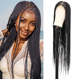 Esnccur 360° HD Full Lace Braided Wigs for Women Triangle Knotless Braided Wigs with Baby Hair Box Braid Wig Human Hair Blended Long Black Lace Front Braids Wig 36 inch