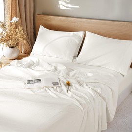 LBRO2M Linen Sheet French Flax Sheet Cotton Linen Blend Sheets Deep Pocket 16 Inch, 4 Pcs Bedding Sheet King Sheet Set, Soft, Breathable, All Season (King, White)