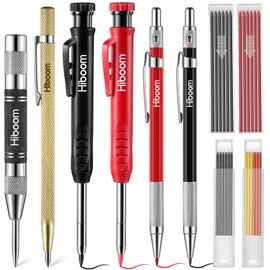 Hiboom 10 Pack Carpenter Pencil Set, 4 Colorful Solid Carpenter Pencils with Sharpener and Refills, Automatic Center Punch, Carbide Scribe Tool Kit for Construction Woodworking