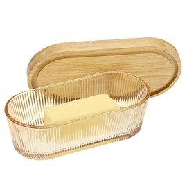 Glass Butter Holder for Counter, 4 oz Butter Dishes with Lid--Fit East & West Coast Butter-Stick for Countertop & Fridge Door Shelf, Small Glass Storage Container with Bamboo Lid (Amber)