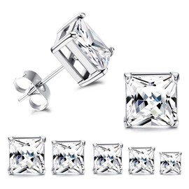 Kakonia 5 Pairs of Square Stud Earrings for Men Women Princess Cut Zirconia Stud Earrings Stainless Steel Stud Earrings 3-7 mm, Stainless Steel, Zircon