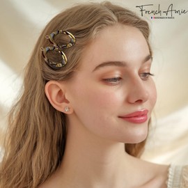 French Amie Oval Hoop Small 1 1/2” Onyx Celluloid Handmade Snap Hair Clips for Women Tige Boule Clasp Side Slide-in Barrette Clip Hair Accessories for Girl - 2 Pieces