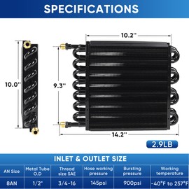 TIEVISHO 1/2" Transmission Cooler 16 Pass Aluminium alloy 8AN Tube Fin Air Compressor Aftercooler Oil Cooler Universal Black