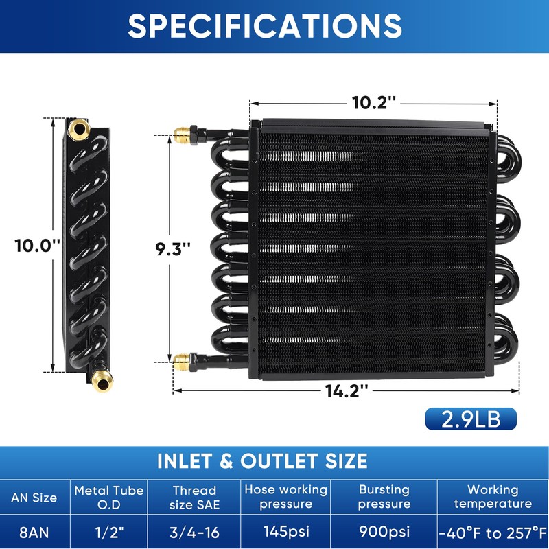 TIEVISHO 1/2" Transmission Cooler 16 Pass Aluminium alloy 8AN Tube