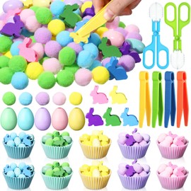Funnymoom Easter Sensory Bin Filler Fine Motor Toys Include Tweezers 2 Scissors Clips 150 Pom Pom 30 Easter Wooden Bunny and Eggs 10 Sorting Cups for Easter Sorting Counting Training