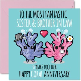 Cute Coral Anniversary Card for Sister & Brother In Law - 35 Years Together - Happy 35th Wedding Anniversary Cards for Brother In Law Sister, 5.7 x 5.7 Inch Greeting Cards for Anniversaries