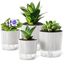 Samhe 4 Pack Self Watering Pots Set, 4+5.5 Inch Self Watering Pots for Indoor Plants, Planter Pot with Wick Rope and Reservoir for African Violet, Spider Plant, Orchid