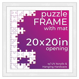 Poster Palooza 20x20 Jigsaw Puzzle Frame Kit - Kit Includes Puzzle Glue Sheets, White Wood Puzzle Frame with White Mat, UV Acrylic, Backing, Hanging Hardware