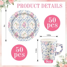 Yungyan 100 Pcs 9 oz Blue and Pink Floral Paper Cups and 6 Inches Diameter Plates Blue Bow Floral Paper Cups for Wedding Summer Tea Garden Birthday Party, Bridal and Baby Showers