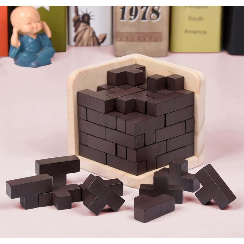 3D Wooden Brain Teaser Puzzle Cube Wooden Puzzles T-Shaped Jigsaw