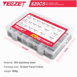 Yeezet M4 M5 M6 Screws and Nuts Assortment Made of 304 Stainless Steel, 620 Pieces Hex Bolts Washers Spring Washers & Nuts Kit