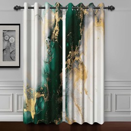 Baocicco Green Gold Marble Window Curtains for Bedroom Art Fluid Golden Texture Marble Window Drapes for Living Room Modern Luxury Gold Crack Design Grommets Blackout Curtain 2 Panels 31x72 Inch