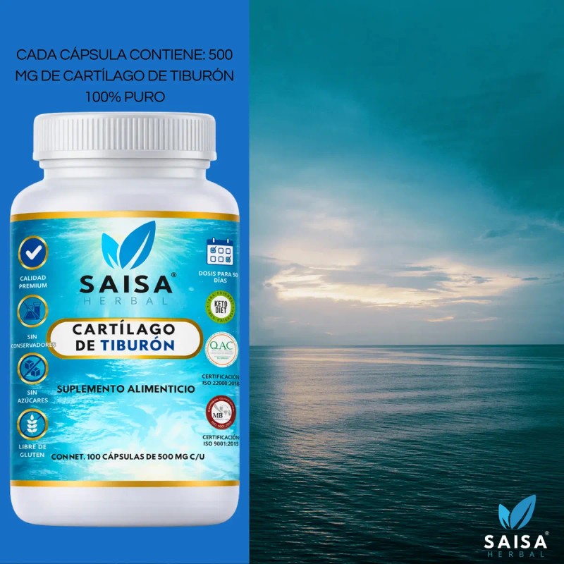 Cartílago Tiburón Suplemento Alimenticio 100 Puro Cápsulas 500 Saisa Herbal