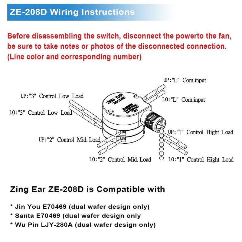 Ceiling Fan Switch Zing Ear ZE-208D 3 Speed Control 5-8