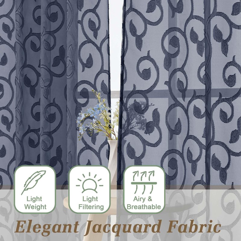 WelvetBLK Navy Blue Sheer Curtains 84 Inches Long 2 Panels