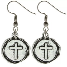 Sterling Gifts Round Silver Cross Dangle Earrings, Christian Jewelry