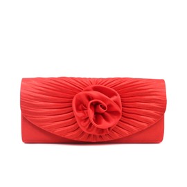 Women's Satin Pleated Envelope Style Clutch Evening Bag With 3D Rose Flower(Pewter)