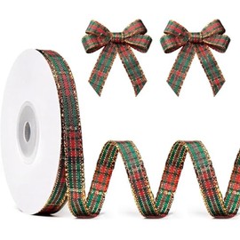 Zestjewel Red Green Tartan Ribbon - 10mm Christmas Tartan - 25 Yards Plaid Gold Edge Ribbon for Christmas Cards, Crafting, Gift Wrapping