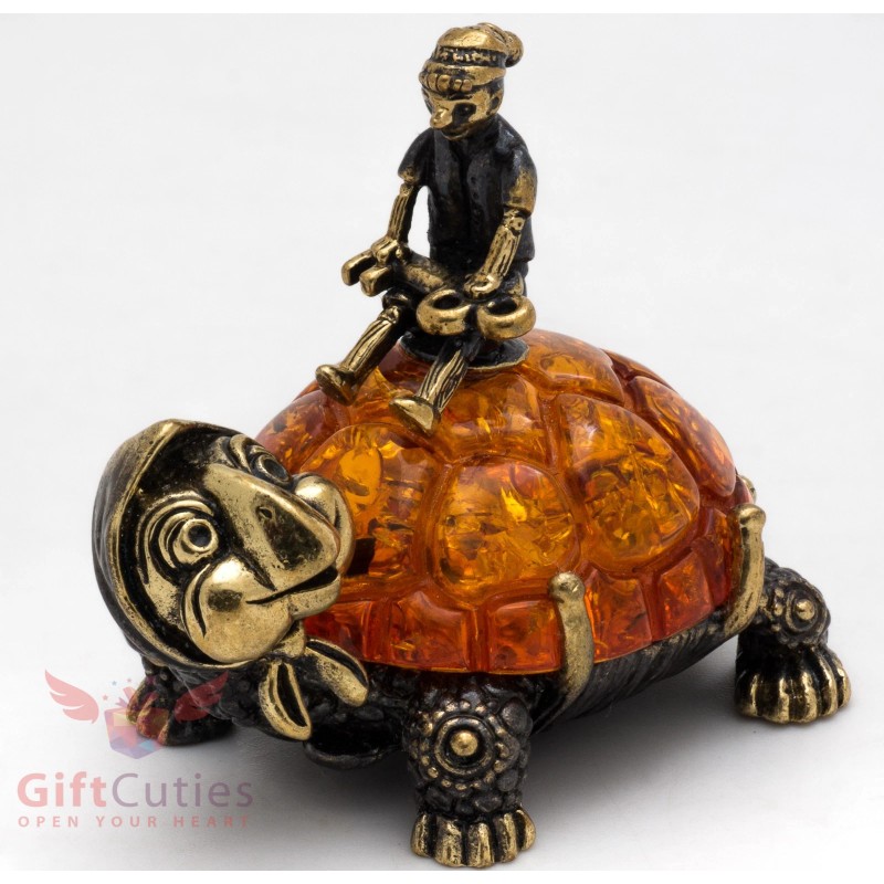Brass Amber Figurine Turtle Tortilly & Buratino Pinocchio & golden