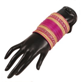Touchstone Colourful 2 Dozen Bangle Collection" Indian Bollywood Alloy Metal Textured Fuchsia Colour Designer Jewellery Bangle Bracelets Set of 24 in Antique Gold Tone for Women, Metal
