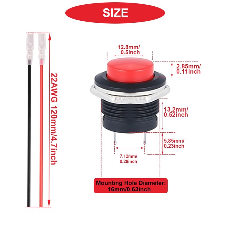 MKBKLLJY 10pcs 16mm Red Push Button Switch SPST 3A 250V