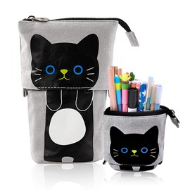 iSuperb Transformer Stand Store Pencil Holder Canvas+PU Cartoon Cute Cat Telescopic Pencil Pouch Bag Stationery Pen Case Box with Zipper Closure 7.5 x 4.9 x 3.0inch/4.1x 3.0inch