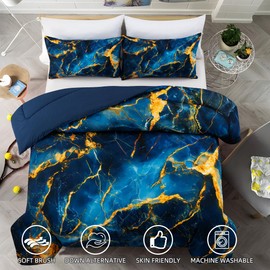 Holawakaka Dark Blue Gold Marble Bedding Comforter Set Queen Size Marbled Bed Sets (Dark Blue Gold, Queen)