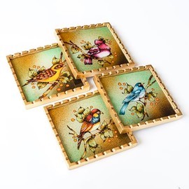 Birds assorted coaster Set of 4 for Drinks | Peruvian Reverse-Painted Glass coaster 4.3x4.3in with gold leaf frame | housewarming gifts (Gold frame)