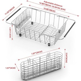 Fanbsy Large Dish Drainer Rack in Sink Adjustable, Expandable 304 Stainless Steel Metal Dish Drying Rack Organizer with Stainless Steel Utensil Holder Over Inside Sink Counter, Rustproof