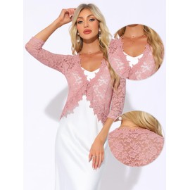 Allegra K Floral Lace Shrugs for Women's Evening 3/4 Sleeves Formal Elegant Bolero Cardigan Pink S