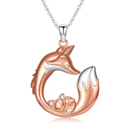 QKABTI Fox Mother and Daughter Pendant Necklace S925 Sterling Silver Two Tone Animal Fox Necklace Mothers Day Birthday Christmas Jewelry Gifts for Women Mom Wife