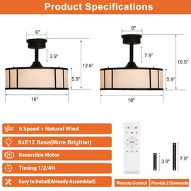 SHLUCE 18in Fandelier Caged Ceiling Fan with Light, 6 Lights, Farmhouse Small Ceiling Fans with Lights and Remote, Rustic Bladeless Ceiling Fans with Lights for Bedroom, Kitchen, White, 6 Speeds