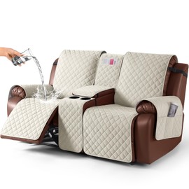 KinCam 100% Waterproof Loveseat Recliner Cover with Console, Non-Slip Reclining Couch Covers for 2 Seat, Recliner Couch Cover Furniture Protector with Elastic Straps for Kids, Pets, Ivory
