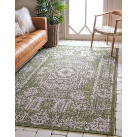 Unique Loom Traditional Distressed Vintage Medallion Transitional Indoor and Outdoor Flatweave Runner Rug_OTD002, 6 x 9 Feet, Green/Ivory