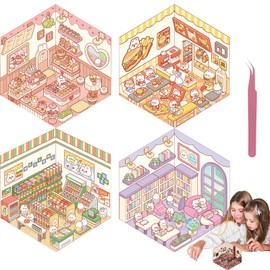 4 Sets 3D Sticker Scene, 3D Stickers, Top Model Sticker Books, 3D House Sticker Set, Sticker Scene, Make Your Own Supermarket, Restaurant, Scene Sticker for Adult Kid Relief Stress Pass The Time