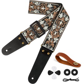 Aucuu Guitar Strap, 2" Embroidery Guitar Straps with Leather Ends Shoulder Strap, Vintage Embroidered Guitar Straps Come with Str-aps Button, 1 Pair Str-ap Locks and 4 Guitar Picks