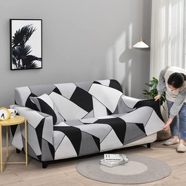 Hggzeg Sofa Cover, High Stretch Elastic Fabric 1 2 3 Seater Sofa Slipcover Chair Printed Couch Cover Non Slip Furniture Protector Cover, Machine Washable (3 Seater,Black White Grey)