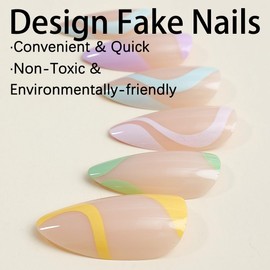 Almond Press on Nails Pastel Waves Fake Nails Medium Length False Nails Press ons with Designs - Reusable Acrylic Nails Glossy Full Cover Artificial Stick on Nails for Women Manicure 24 Pcs