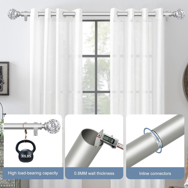 TVWOO Silver Decorative Crystal Curtain Rods 2 Pack:18-45"Heavy Duty Adjustable
