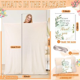 Buryeah 12 Pcs Wedding Flannel Fleece Throw Blanket Bulk with Thank You Card and Ribbon, 50 x 60 Inch Throw Blankets Outdoor Wedding Ideas, Party Souvenirs (Ivory)